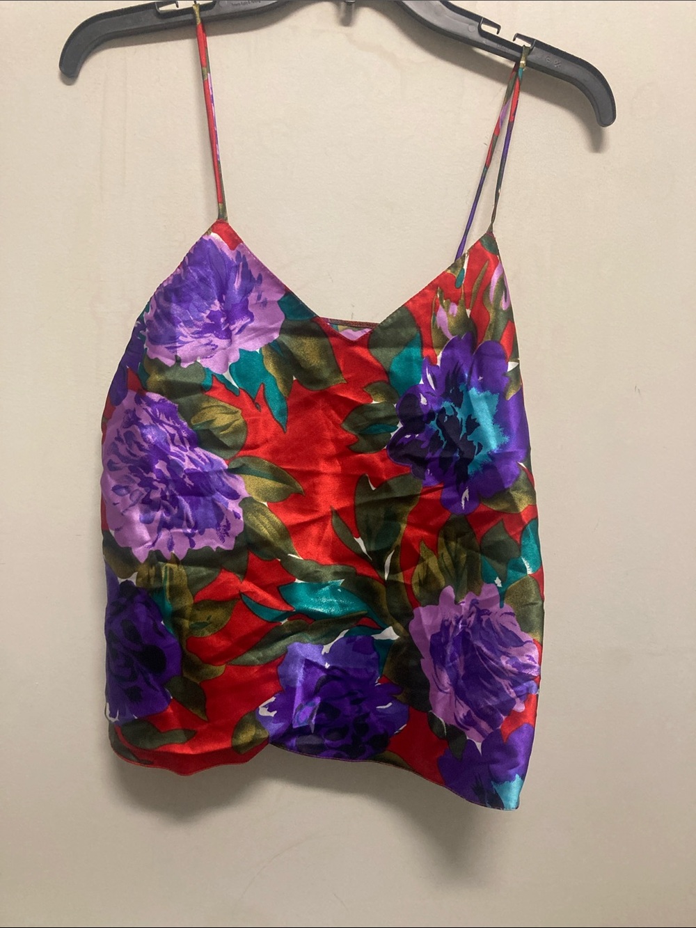 Floral Satin Spaghetti-Strap Cami - Red, Purple & Green